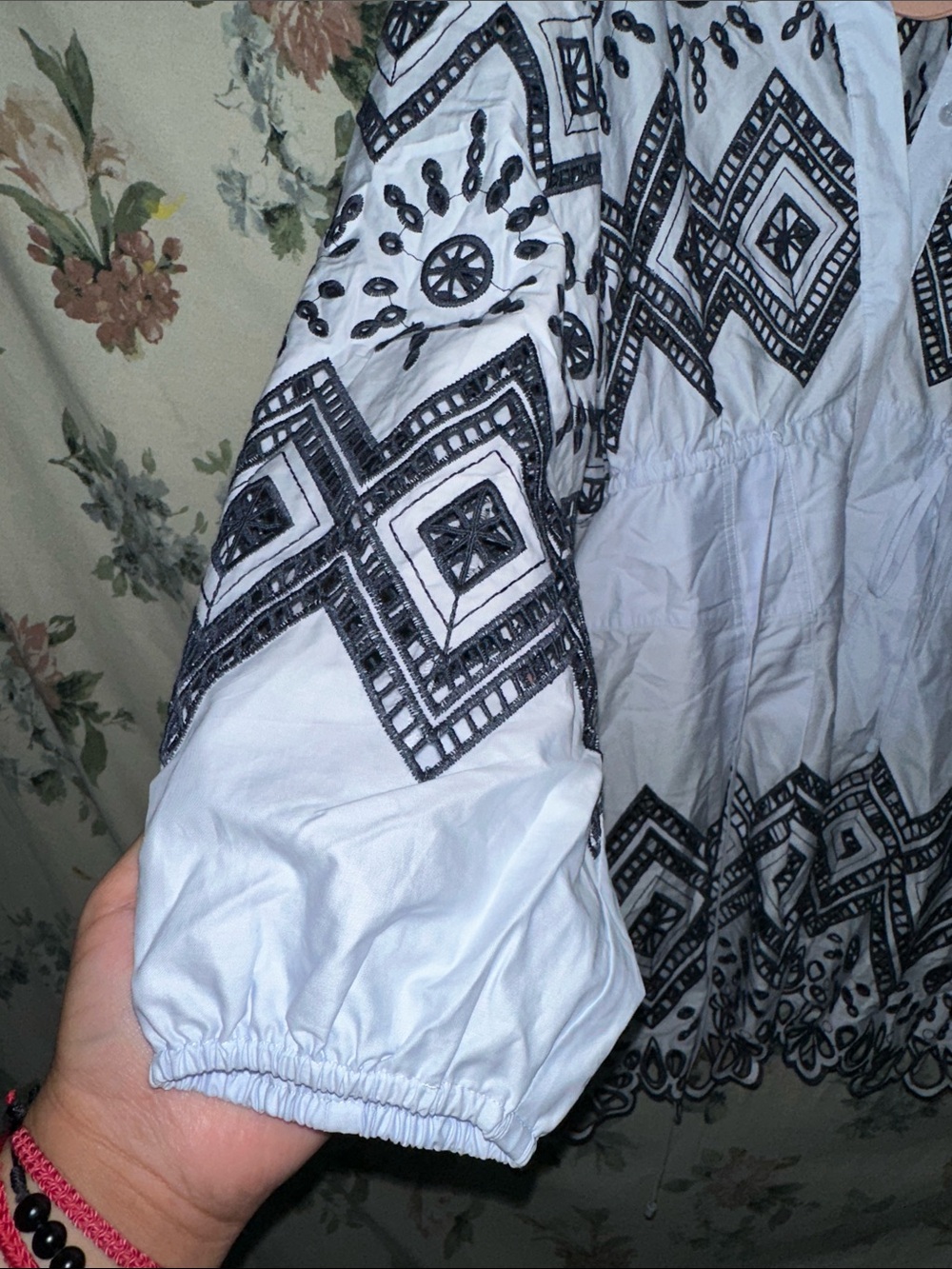 Alexis White Trench Coat with Black Geometric Embroidery - Picture 5 of 7